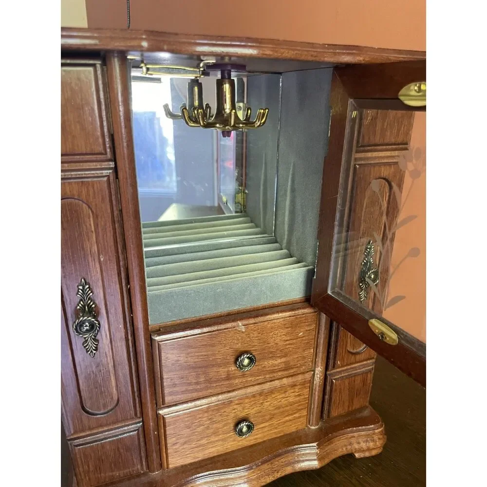 Vintage Wooden Jewelry Armoire Floral Glass Mirror Necklace Carousel Drawers